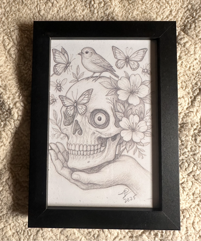 “Skull in Hand sketch” by Alfonso Apodaca $150