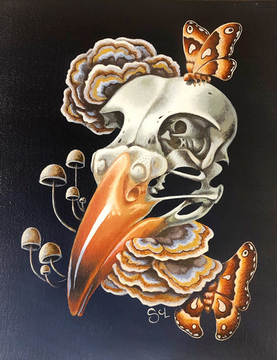"Bird Skull and Tree Mushrooms" by Sarah Curl-Larson $350